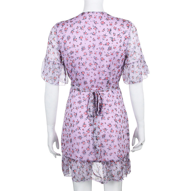 Purple chiffon ruffled floral dress