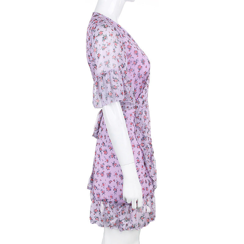 Purple chiffon ruffled floral dress