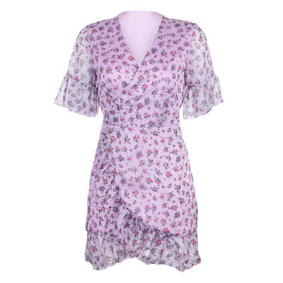 Purple chiffon ruffled floral dress