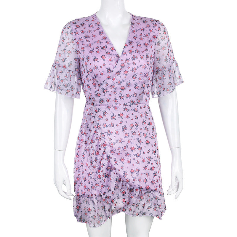 Purple chiffon ruffled floral dress