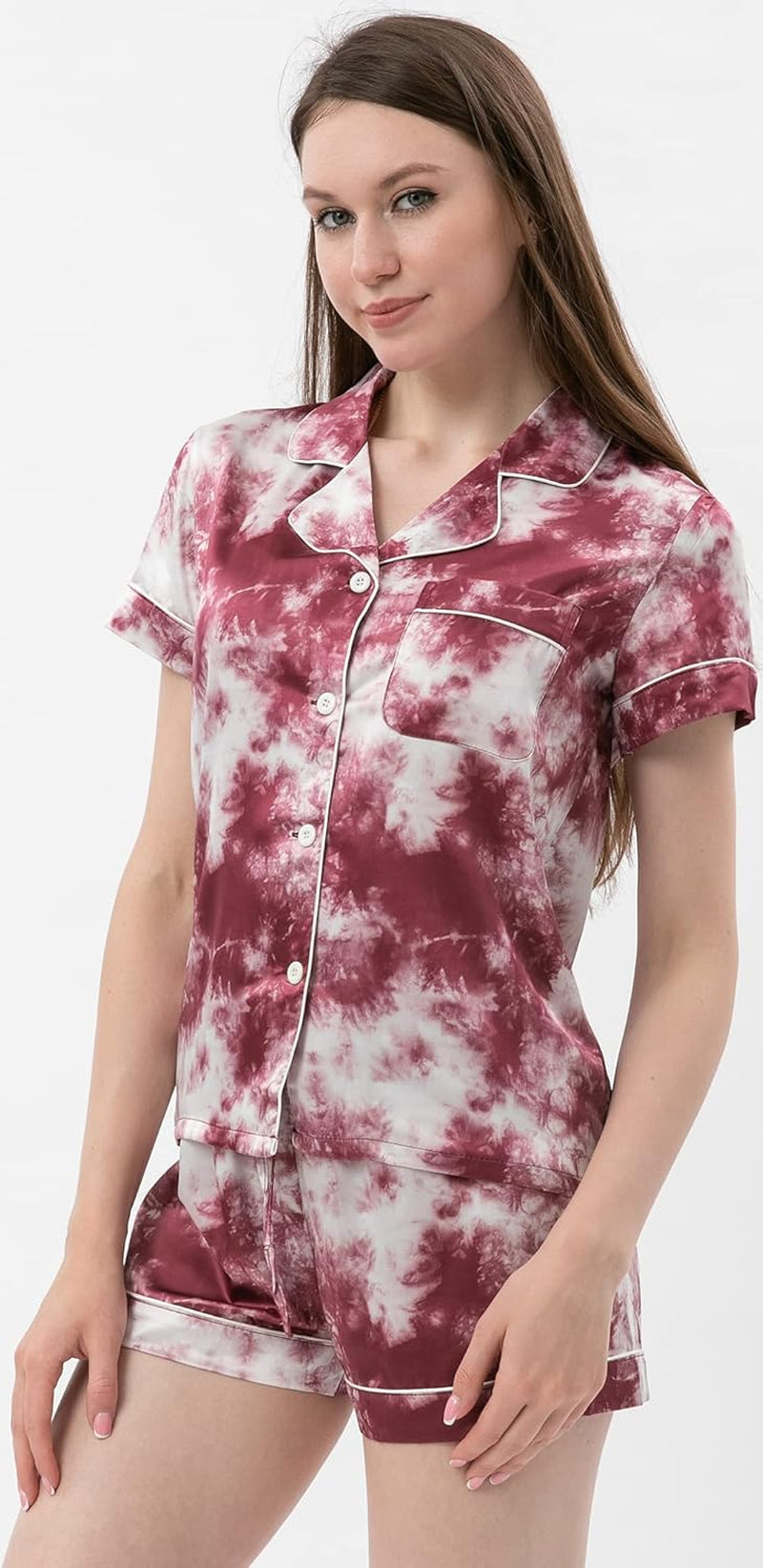 Womens Silk Satin Pajamas Set Two-Piece Pj Sets Short Sleeve Sleepwear Button-Down Loungewear Pj Sets