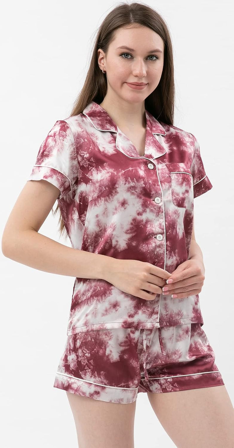 Womens Silk Satin Pajamas Set Two-Piece Pj Sets Short Sleeve Sleepwear Button-Down Loungewear Pj Sets