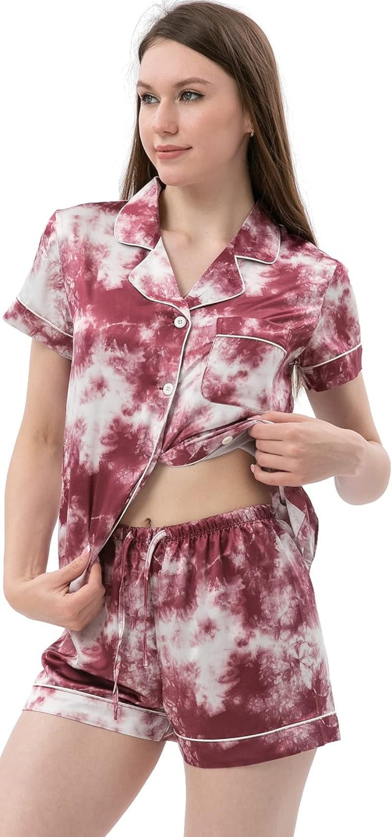 Womens Silk Satin Pajamas Set Two-Piece Pj Sets Short Sleeve Sleepwear Button-Down Loungewear Pj Sets