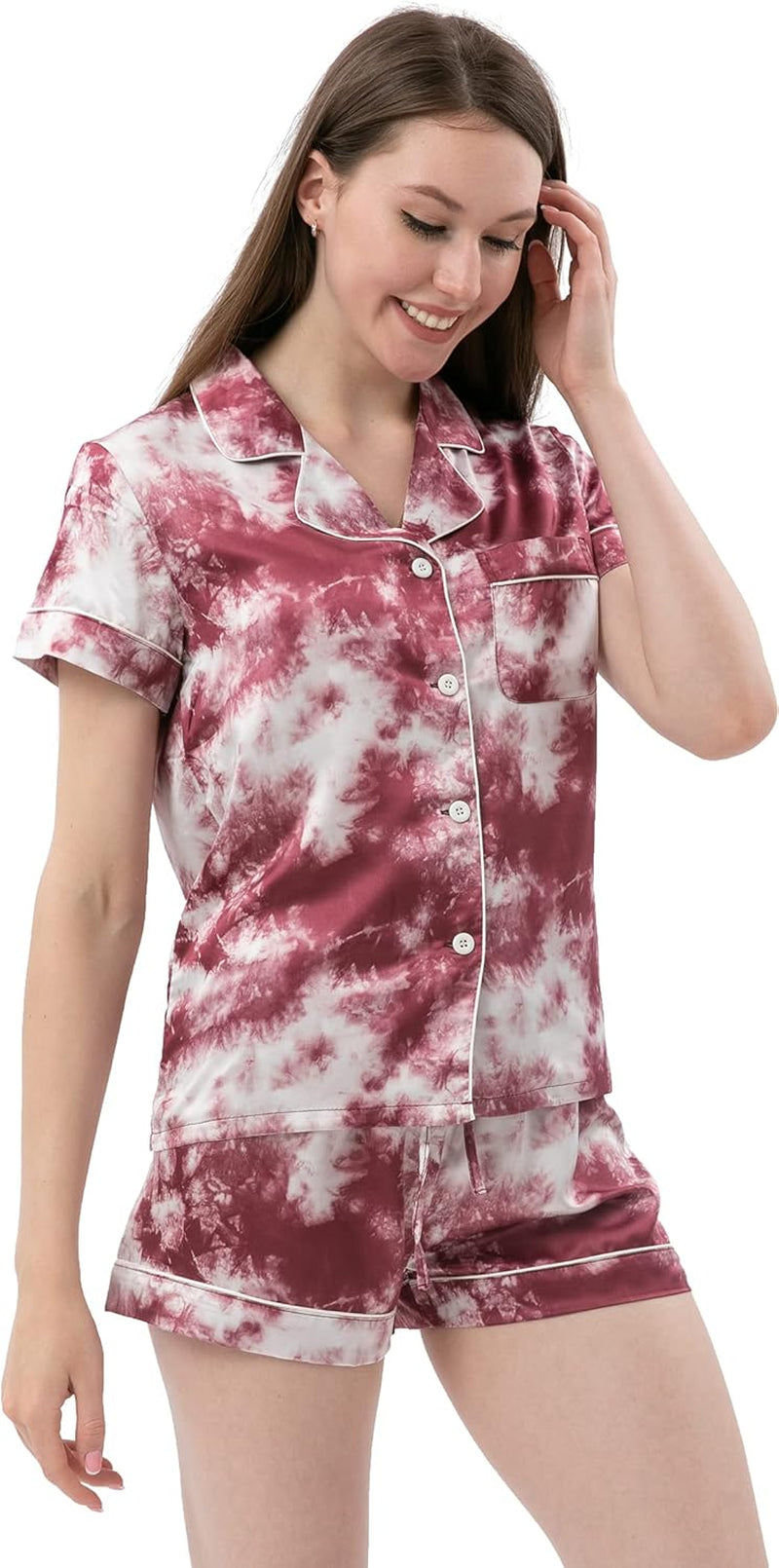 Womens Silk Satin Pajamas Set Two-Piece Pj Sets Short Sleeve Sleepwear Button-Down Loungewear Pj Sets
