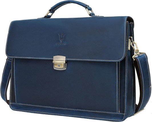 Leather Laptop Briefcase Shoulder Bag for Men Large Capacity Office Handbags (Navy Blue)
