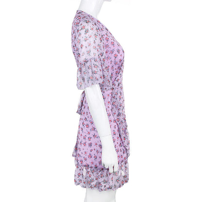 Purple chiffon ruffled floral dress