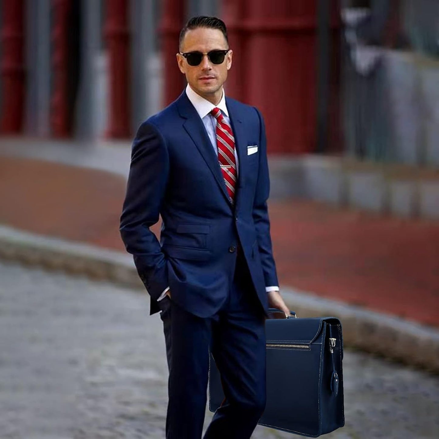 Leather Laptop Briefcase Shoulder Bag for Men Large Capacity Office Handbags (Navy Blue)