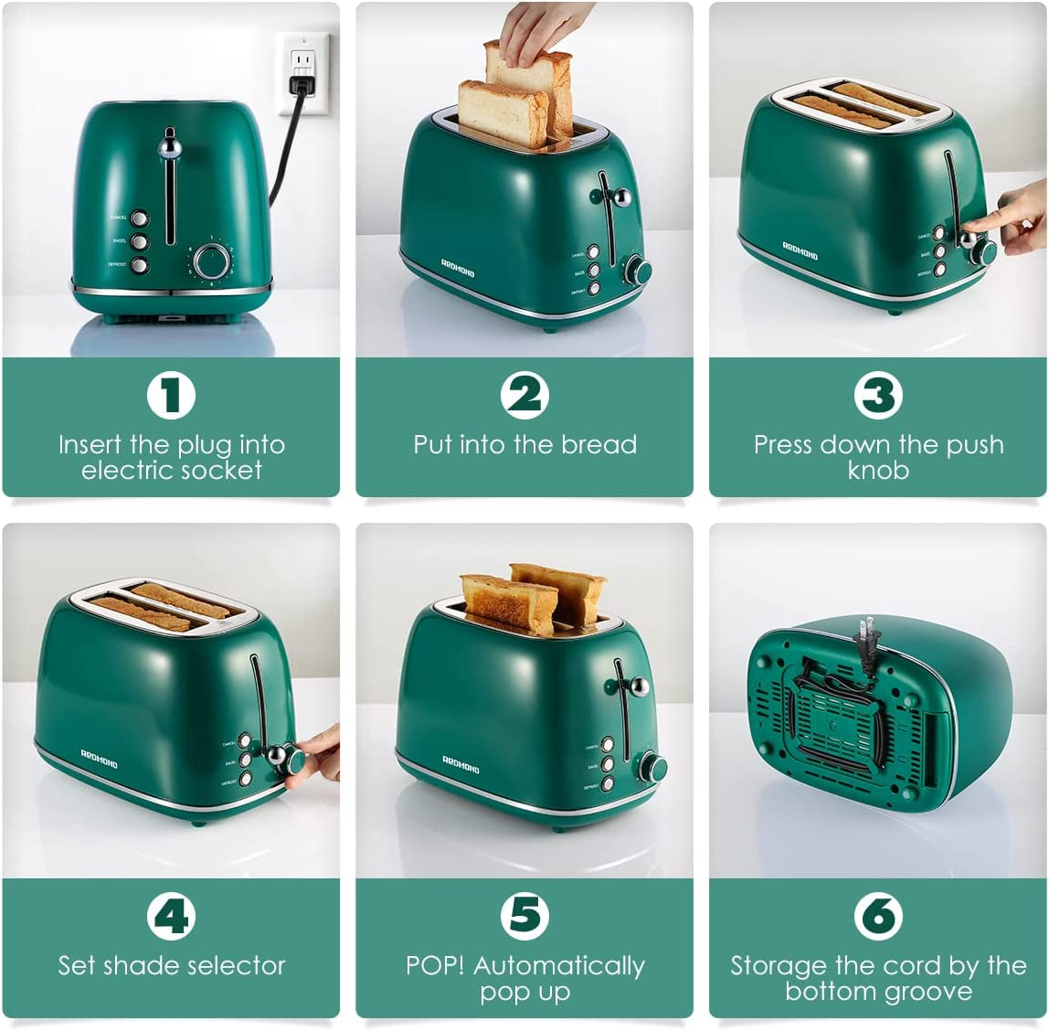 2 Slice Retro Stainless Steel Toaster with Bagel, Cancel, Defrost Function and 6 Bread Shade Settings, Extra Wide Slot, Removable Crumb Tray, Green, ST028.