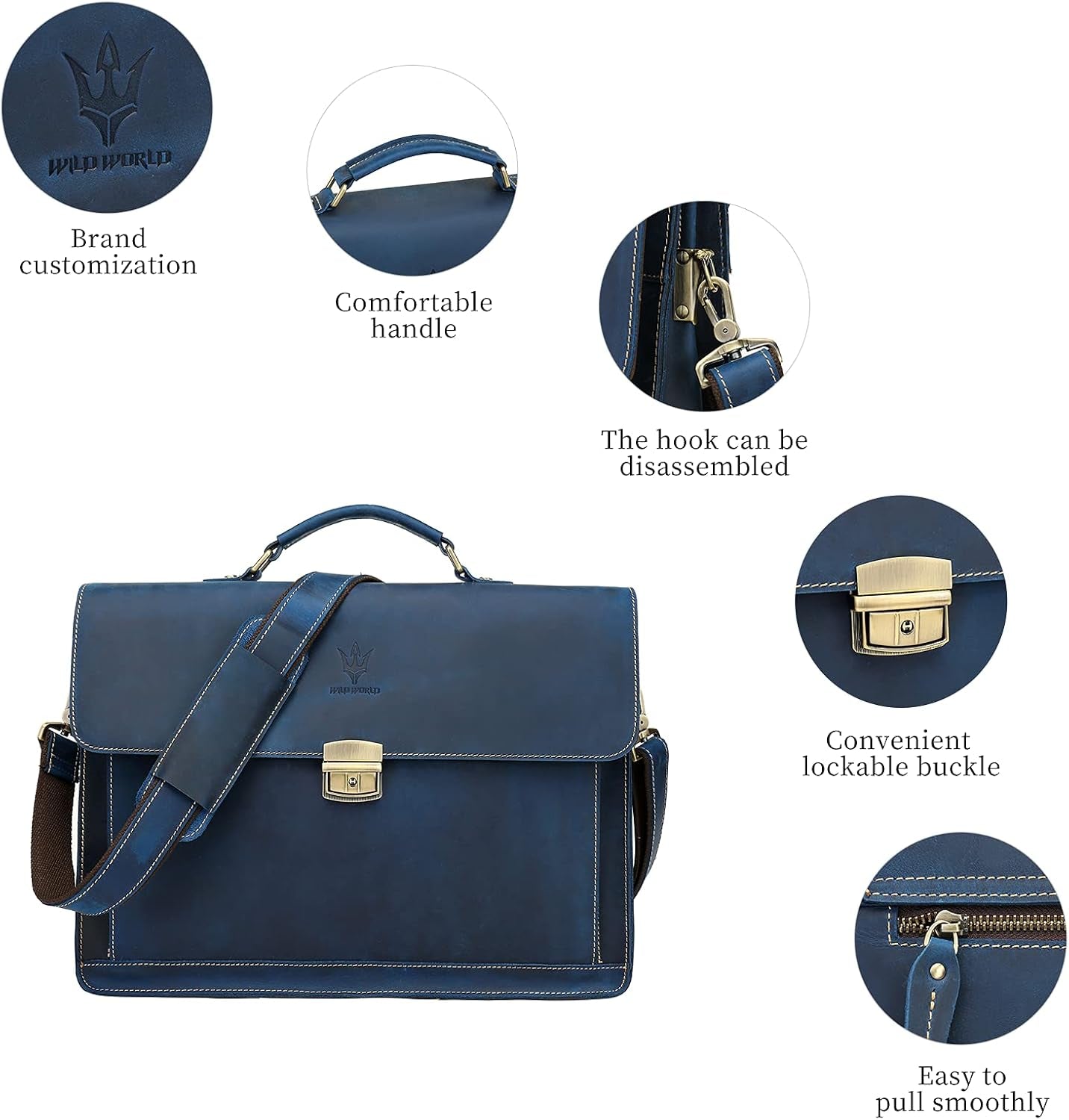 Leather Laptop Briefcase Shoulder Bag for Men Large Capacity Office Handbags (Navy Blue)