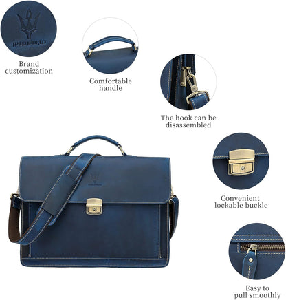 Leather Laptop Briefcase Shoulder Bag for Men Large Capacity Office Handbags (Navy Blue)