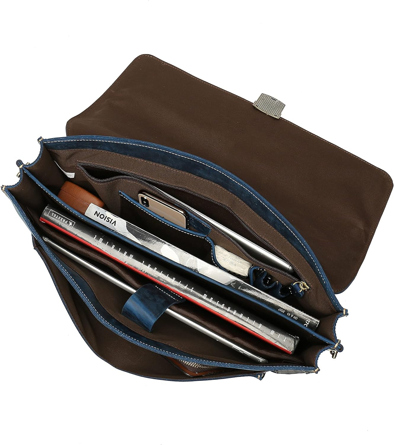 Leather Laptop Briefcase Shoulder Bag for Men Large Capacity Office Handbags (Navy Blue)